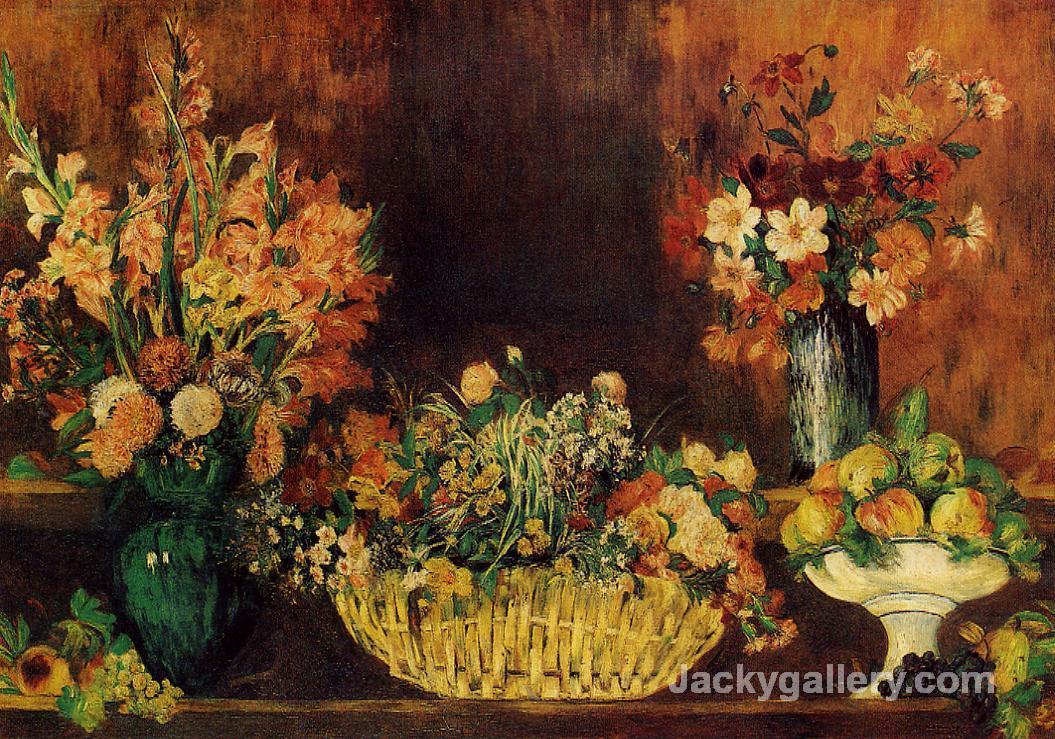 Vase, Basket of Flowers and Fruit by Pierre Auguste Renoir paintings reproduction